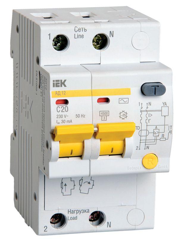 Выключатель АВДТ 2п C 20А 30мА тип AC 4.5кА АД-12 IEK MAD10-2-020-C-030