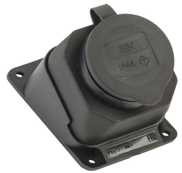 Розетка 1-м Омега РБу13-1-0м IP44 угловая настен. с/з с защ. крышкой каучук черн. IEK PKR22-016-2-K02