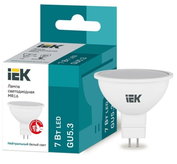 Лампа СДЛ Eco 7Вт MR16 софит 4000К нейтр. бел. GU5.3 630Лм 230-240В IEK LLE-MR16-7-230-40-GU5