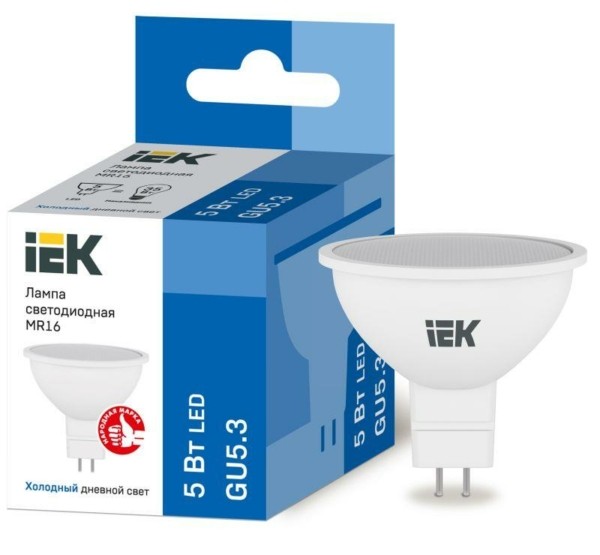 Лампа СДЛ ECO MR16 софит 5Вт 230В 6500К GU5.3 IEK LLE-MR16-5-230-65-GU5