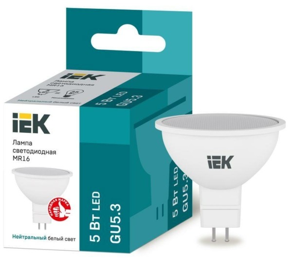 Лампа СДЛ Eco 5Вт MR16 софит 4000К нейтр. бел. GU5.3 450Лм 230-240В IEK LLE-MR16-5-230-40-GU5