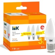 Лампа СДЛ C35 свеча 7Вт 230В 3000К E14 (уп.3шт) IEK LLE-C35-07-230-30-E14-3