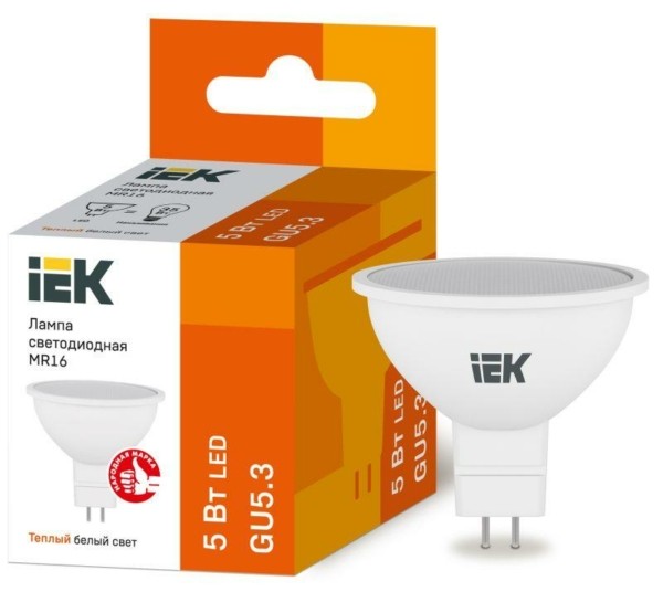 Лампа СДЛ ECO MR16 5Вт 3000К тепл. бел. GU5.3 450Лм 230-240В IEK LLE-MR16-5-230-30-GU5