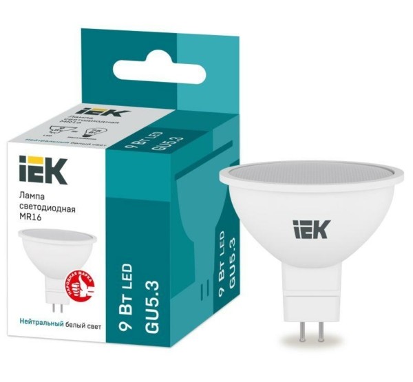 Лампа СДЛ 9Вт MR16 софит 4000К нейтр. бел. GU5.3 230В IEK LLE-MR16-9-230-40-GU5