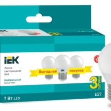Лампа СДЛ 7Вт G45 шар 4000К нейтр. бел. E27 230В (уп.3шт) IEK LLE-G45-07-230-40-E27-3