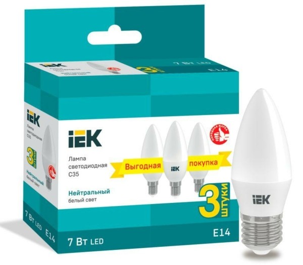 Лампа СДЛ 7Вт C35 свеча 4000К нейтр. бел. E14 230В (уп.3шт) IEK LLE-C35-07-230-40-E14-3