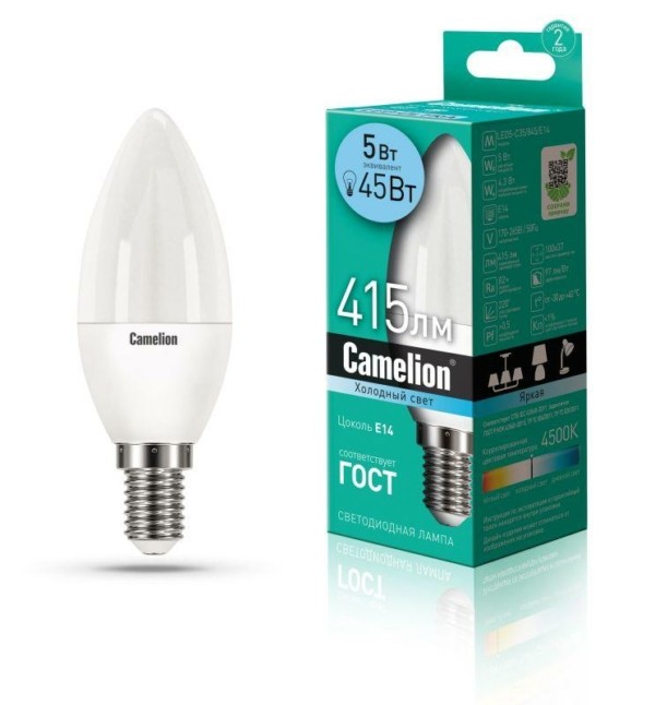 Лампа СДЛ LED5-C35/845/E14 5Вт свеча 4500К бел. E14 405Лм 220-240В Camelion 12032