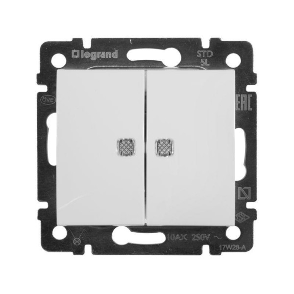 Выключатель 2кл. СП Valena 10А IP31 250В с зел. подсветкой механизм бел. Leg 774428