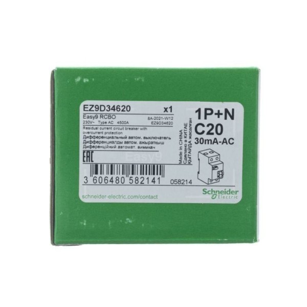Выключатель АВДТ 2п 1P+N C 20А 30мА тип AC 4.5кА EASY9 2мод. SchE EZ9D34620