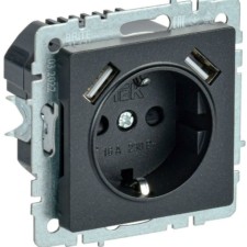 Розетка BRITE РЮш10-1-БрЧ 16А с USB A+A 2.1А с/з защ. шторки черн. IEK BR-R14-16-U21-D21-K02