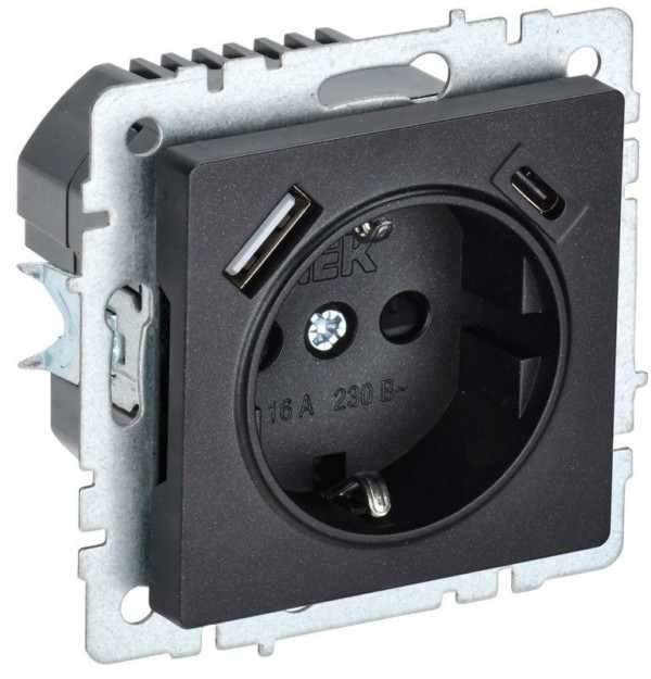 Розетка BRITE РЮш11-1-БрЧ 16А с USB A+C 18Вт с/з защ. шторки черн. IEK BR-R14-16-U22-018-K02