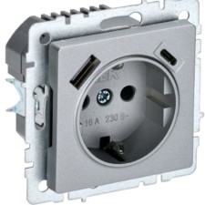 Розетка BRITE РЮш11-1-БрА 16А с USB A+C 18Вт с/з защ. шторки алюм. IEK BR-R14-16-U22-018-K47