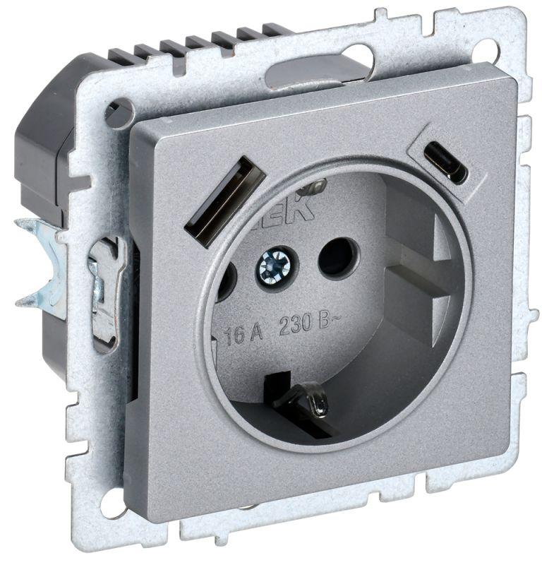 Розетка BRITE РЮш11-1-БрА 16А с USB A+C 18Вт с/з защ. шторки алюм. IEK BR-R14-16-U22-018-K47