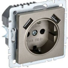 Розетка BRITE РЮш10-1-БрШ 16А с USB A+A 2.1А с/з защ. шторки шампань IEK BR-R14-16-U21-D21-K37