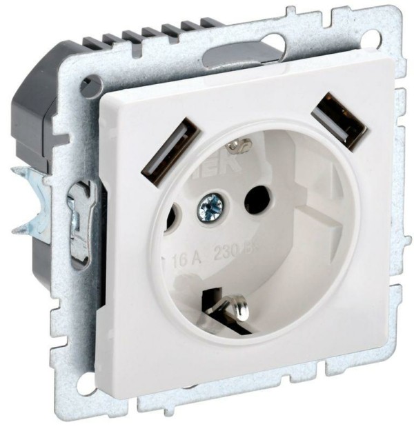 Розетка BRITE РЮш10-2-БрБ 16А с USB A+A 3.1А с/з защ. шторки бел. IEK BR-R14-16-U21-D31-K01