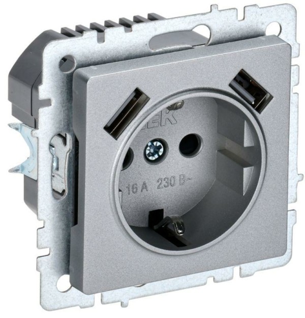 Розетка BRITE РЮш10-1-БрА 16А с USB A+A 2.1А с/з защ. шторки алюм. IEK BR-R14-16-U21-D21-K47