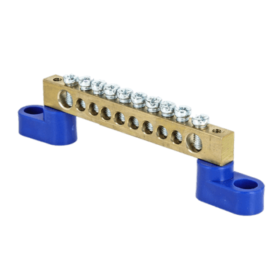 Шина “0” N (8х12мм) 10 отверстий латунь 2 синих угловых изолятора EKF PROxima