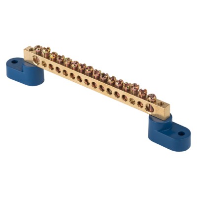 Шина “0” N (6х9мм) 16 отверстий латунь 2 синих угловых изолятора EKF PROxima