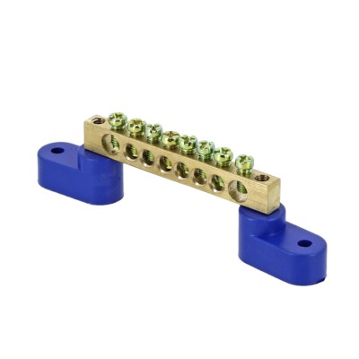 Шина “0” N (8х12мм) 8 отверстий латунь 2 синих угловых изолятора EKF PROxima