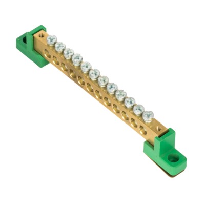 Шина “0” PE 8×12мм 12 отверстий латунь с контактной пластиной 2 зелёных угловых изолятора EKF PROxima