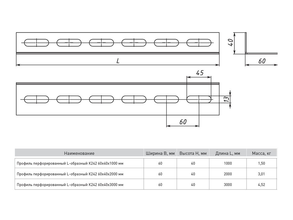 Профиль перфорированный L-образный К242 60х40х2000 мм (2 мм) HDZ EKF — изображение 2