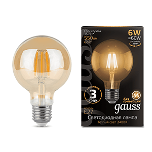 Лампа СДЛ филаментная Filament 6Вт G95 шар 2400К тепл. бел. E27 550Лм golden Gauss 105802006