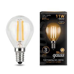 Лампа СДЛ филаментная Filament 11Вт шар 2700К тепл. бел. E14 720Лм Gauss 105801111