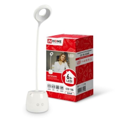 Светильник настольный светодиодный аккум. ССО 10Б 6Вт 6500К 480лм сенсор-диммер с органайзером USB-кабель бел. In Home 4690612036595