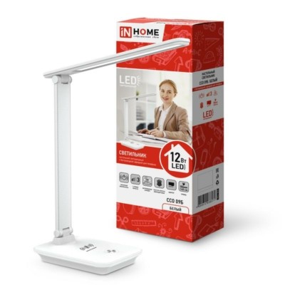 Светильник настольный светодиодный ССО 09Б 12Вт 3000-6500К 600лм сенсор-диммер с беспров. зарядкой для телефона с адаптером бел. In Home 4690612036571