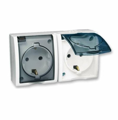 Розетка 2-м ОП Simon15 16А IP54 250В с/з Schuko защ. шторки с крышкой винт. клеммы бел. Simon 1594443-030