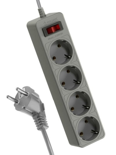 Удлинитель сетевой с фильтром 4х1.5м с/з 10А IP20 2.2кВт 3х0.75 с предохранителем с выкл. с индикатором сети Космос FKsm1.5m-4g(G)