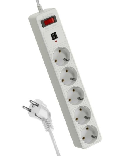 Удлинитель сетевой с фильтром 5х3м с/з 10А IP20 2.2кВт 2хUSB 3х0.75 с предохранителем Космос FKsm3m-5g(W)USB