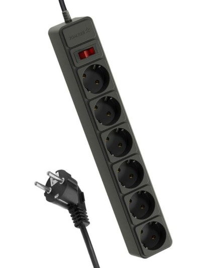 Удлинитель сетевой с фильтром 6х3м с/з 16А IP20 3.5кВт 3х1 с предохранителем с выкл. с индикатором сети черн. Космос FKsm3m-6g(B)16A