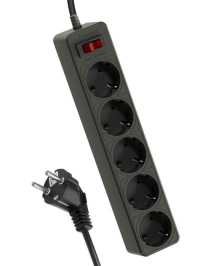 Удлинитель сетевой с фильтром 5х5м с/з 10А IP20 2.2кВт ПВС 3х0.75 с выкл. с индикатором сети черн. Космос FKsm5m-5g(B)