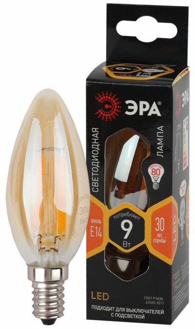 Лампа СДЛ Эра F-LED B35-9W-827-E14 gold Е14 / Е14 9Вт филамент свеча золотистая теплый белый