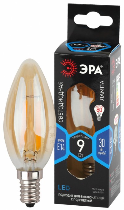 Лампа СДЛ Эра F-LED B35-9W-840-E14 gold Е14 / Е14 9Вт филамент свеча золотистая нейтральный белый свет