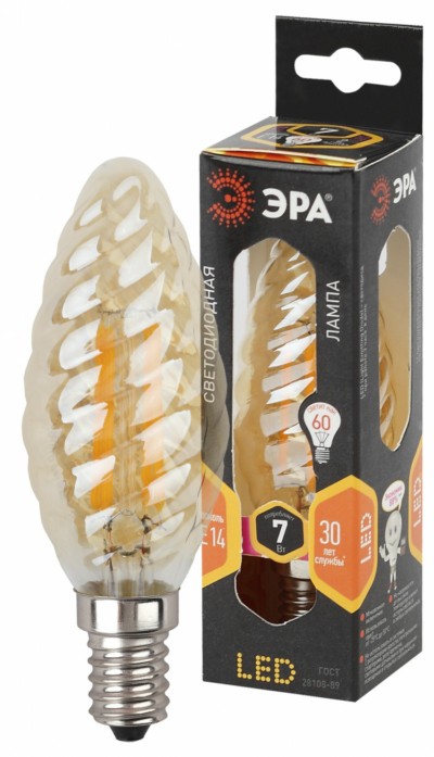 Лампа СДЛ ЭРА F-LED BTW-7Вт-827-E14 gold E14 7Вт филамент свеча витая золотистая теплый белый свет