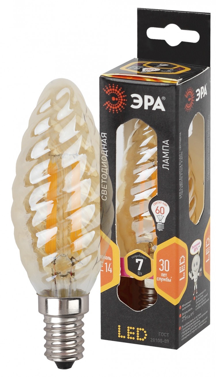 Лампа СДЛ ЭРА F-LED BTW-7Вт-827-E14 gold E14 7Вт филамент свеча витая золотистая теплый белый свет