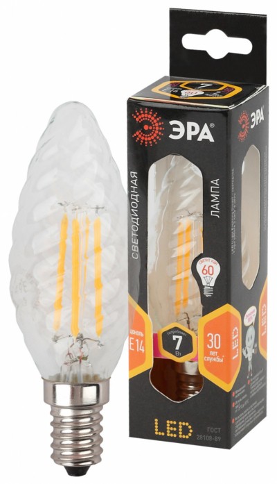 Лампа СДЛ ЭРА F-LED BTW-7Вт-827-E14 E14 7Вт филамент свеча витая теплый белый свет