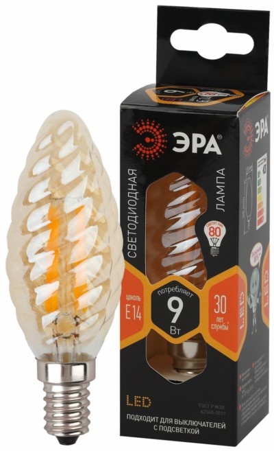 Лампа СДЛ ЭРА F-LED BTW-9Вт-827-E14 gold E14 9Вт филамент свеча витая золотистая теплый белый свет