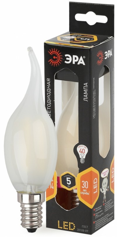 Лампа СДЛ ЭРА F-LED BXS-5Вт-827-E14 frost E14 5Вт филамент свеча на ветру матовая теплый свет