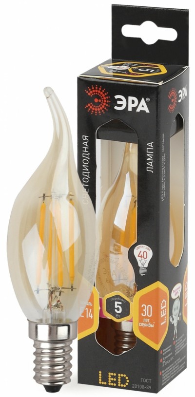Лампа СДЛ ЭРА F-LED BXS-5Вт-827-E14 gold E14 5Вт филамент свеча на ветру золотистая теплый свет