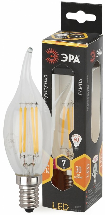 Лампа СДЛ ЭРА F-LED BXS-7Вт-827-E14 E14 7Вт филамент свеча на ветру теплый белый свет