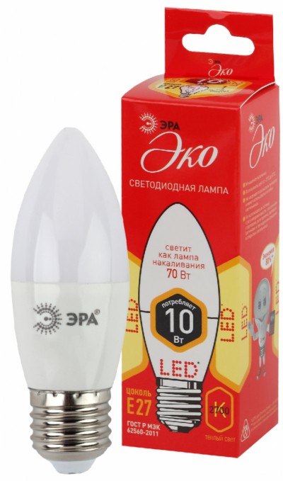 Лампа СДЛ ЭРА RED LINE ECO LED B35-10Вт-827-E27 E27 10Вт свеча теплый белый свет