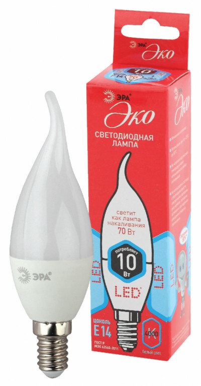 Лампа СДЛ ЭРА RED LINE ECO LED BXS-10Вт-840-E14 E14 10Вт свеча на ветру нейтральный белый свет