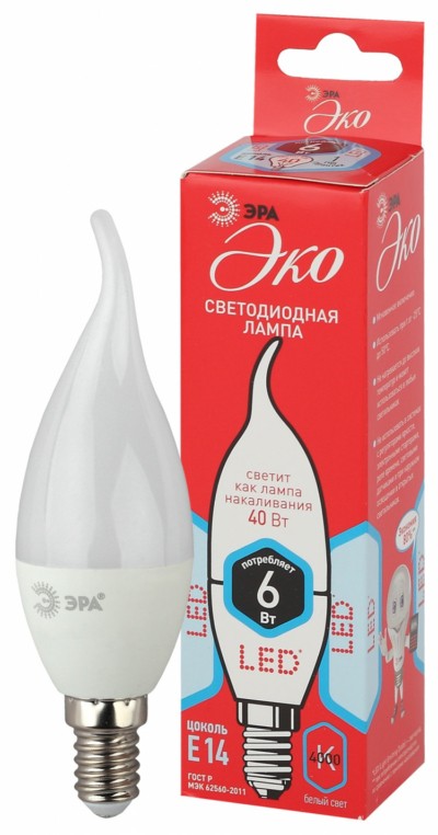 Лампа СДЛ ЭРА RED LINE ECO LED BXS-6Вт-840-E14 E14 6Вт свеча на ветру нейтральный белый свет