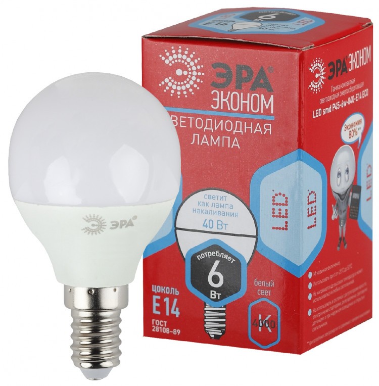Лампа СДЛ ЭРА RED LINE ECO LED P45-6Вт-840-E14 E14 6Вт шар нейтральный белый свет