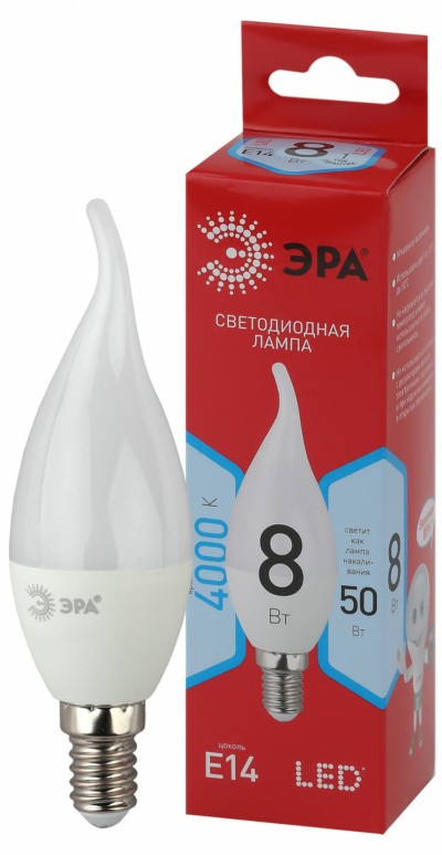 Лампа СДЛ ЭРА RED LINE LED BXS-8Вт-840-E14 R E14 8Вт свеча на ветру нейтральный белый свет