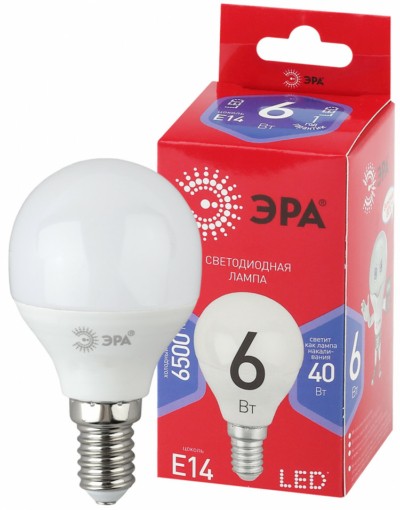 Лампа СДЛ ЭРА RED LINE LED P45-6Вт-865-E14 R E14 6Вт шар холодный дневной свет