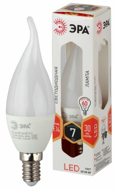 Лампа СДЛ ЭРА STD LED BXS-7Вт-827-E14 E14 7Вт свеча на ветру теплый белый свет
